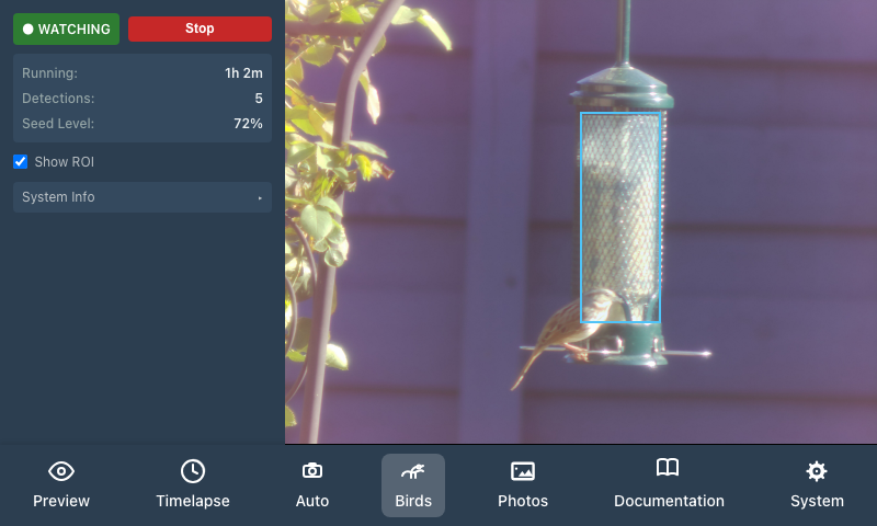 Bird Watcher view — detection active, seed level visible in the sidebar