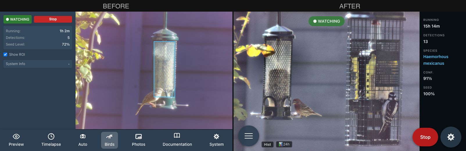 Before and after: the old UI with sidebar and toolbar vs. the new full-screen layout with HUD in the pillarbox