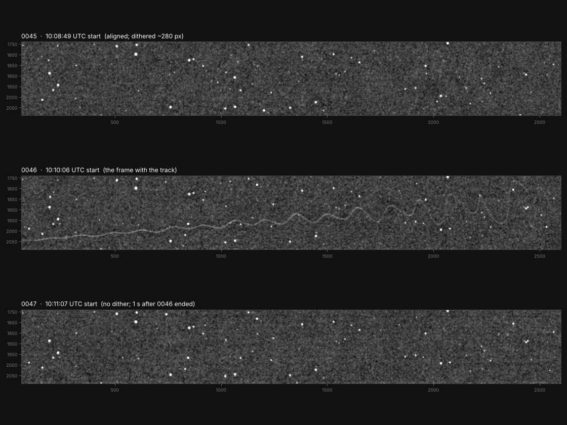 The same strip of sky in frames 0045, 0046 and 0047