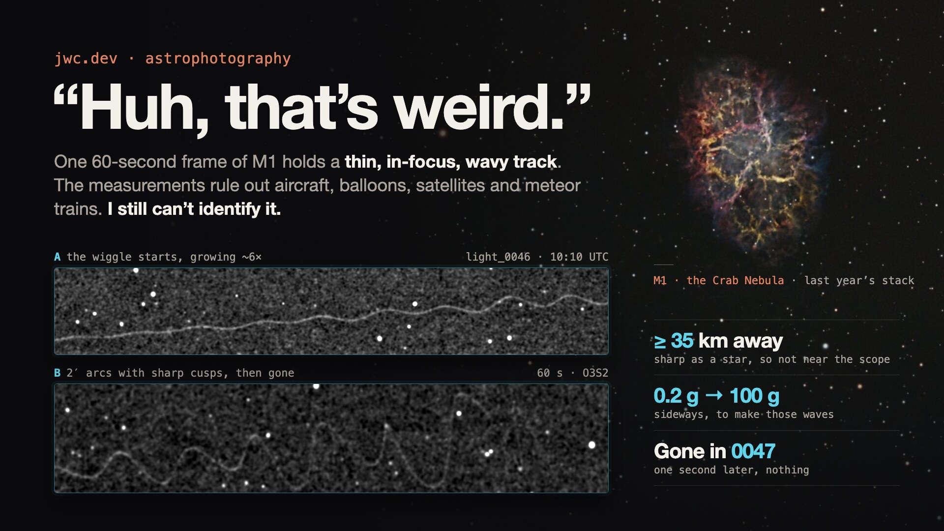 "Huh, that's weird." Close-ups of the wavy track from frame light_0046, its gentle early wiggle and its later 2′ arcs, beside last year's image of the Crab Nebula (M1)