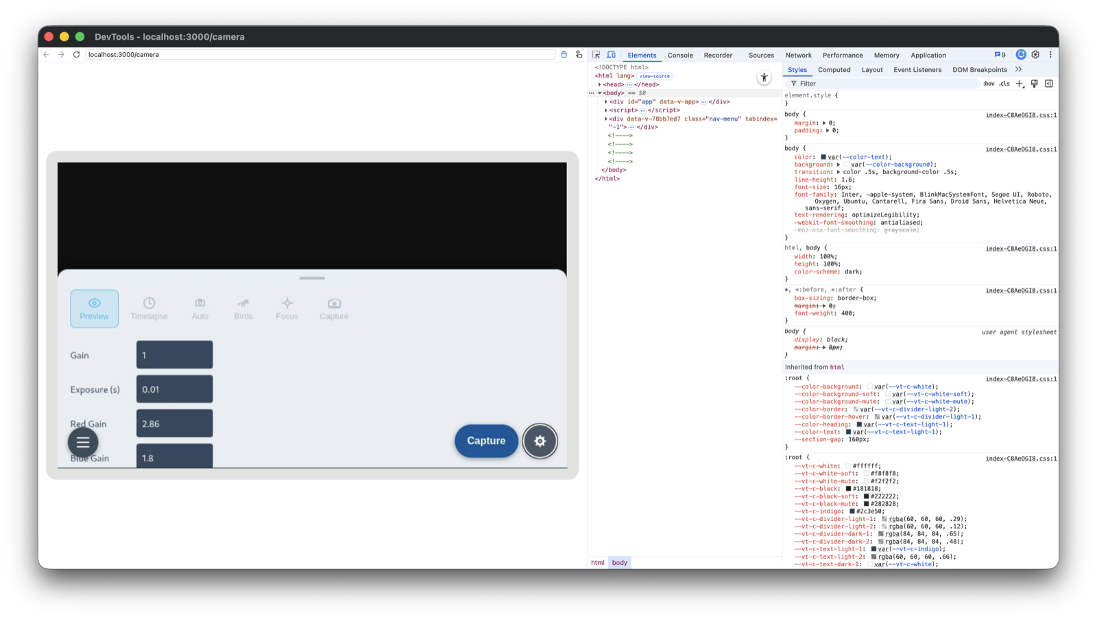 White settings sheet on the Pi — DevTools shows prefers-color-scheme: light overriding the dark defaults