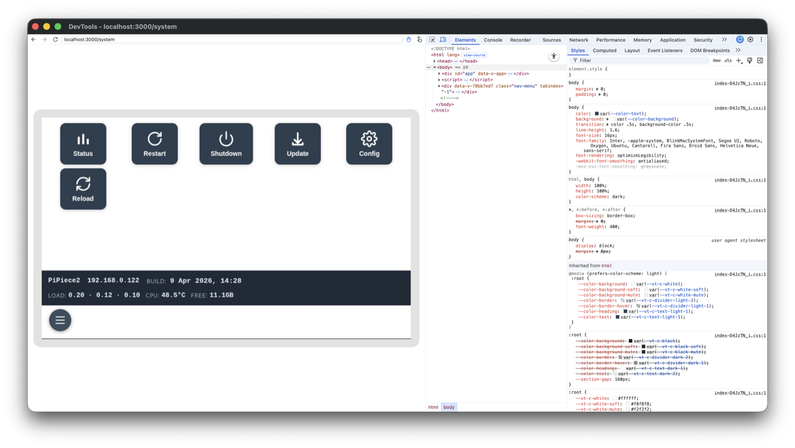 White system view — the @media (prefers-color-scheme: light) block is overriding the dark :root defaults