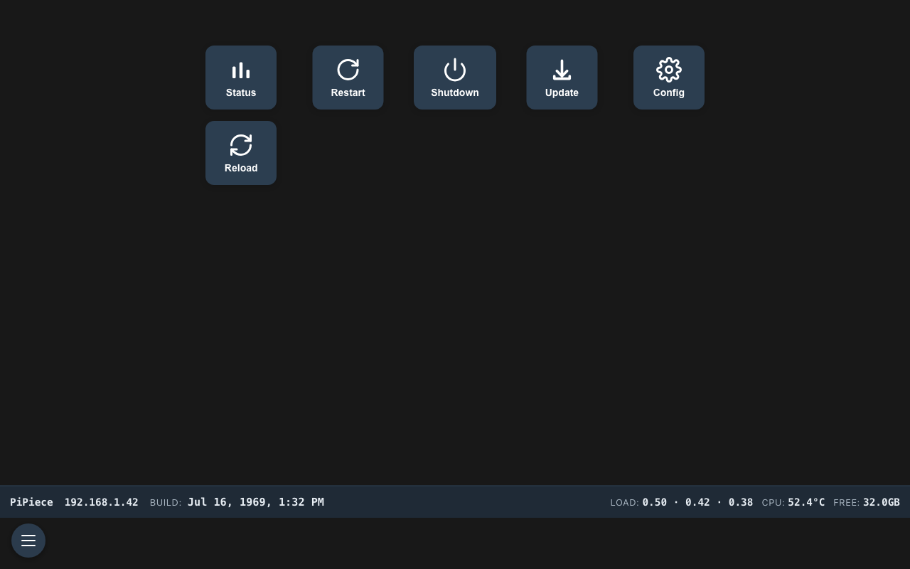 System controls view — TouchScreen2. Consistent dark theme throughout.