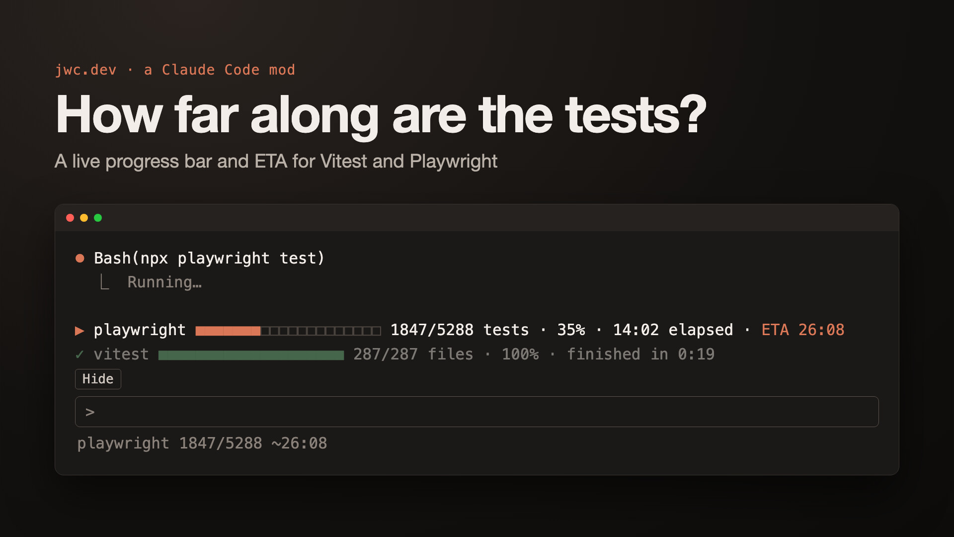 A Claude Code session with a band above the prompt showing Playwright at 1847 of 5288 tests, 35%, ETA 26:08, and a finished Vitest run