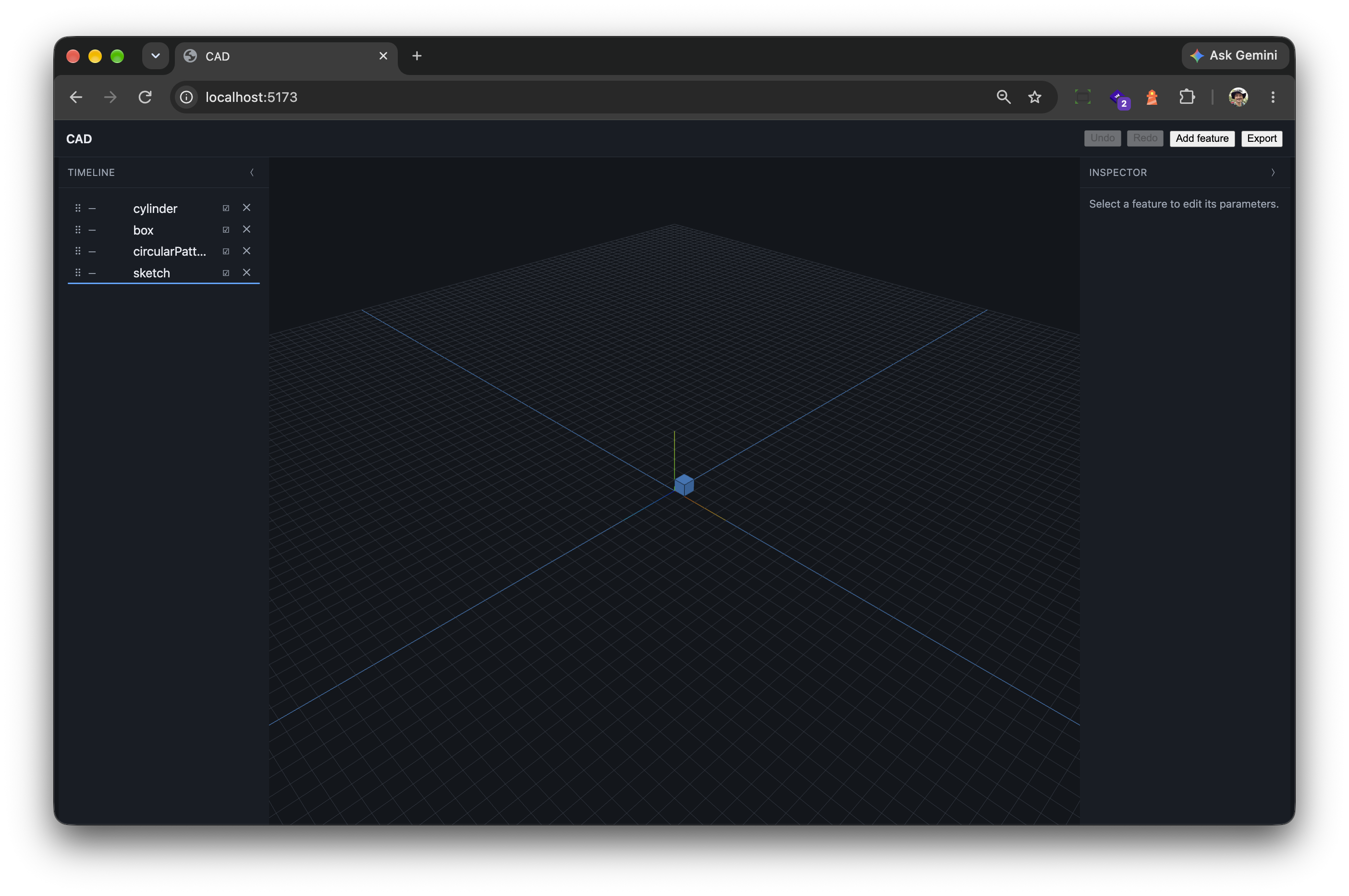 Attempt one: a timeline of features, an empty inspector, and a flat "Add feature" button — every operation listed as an equal option