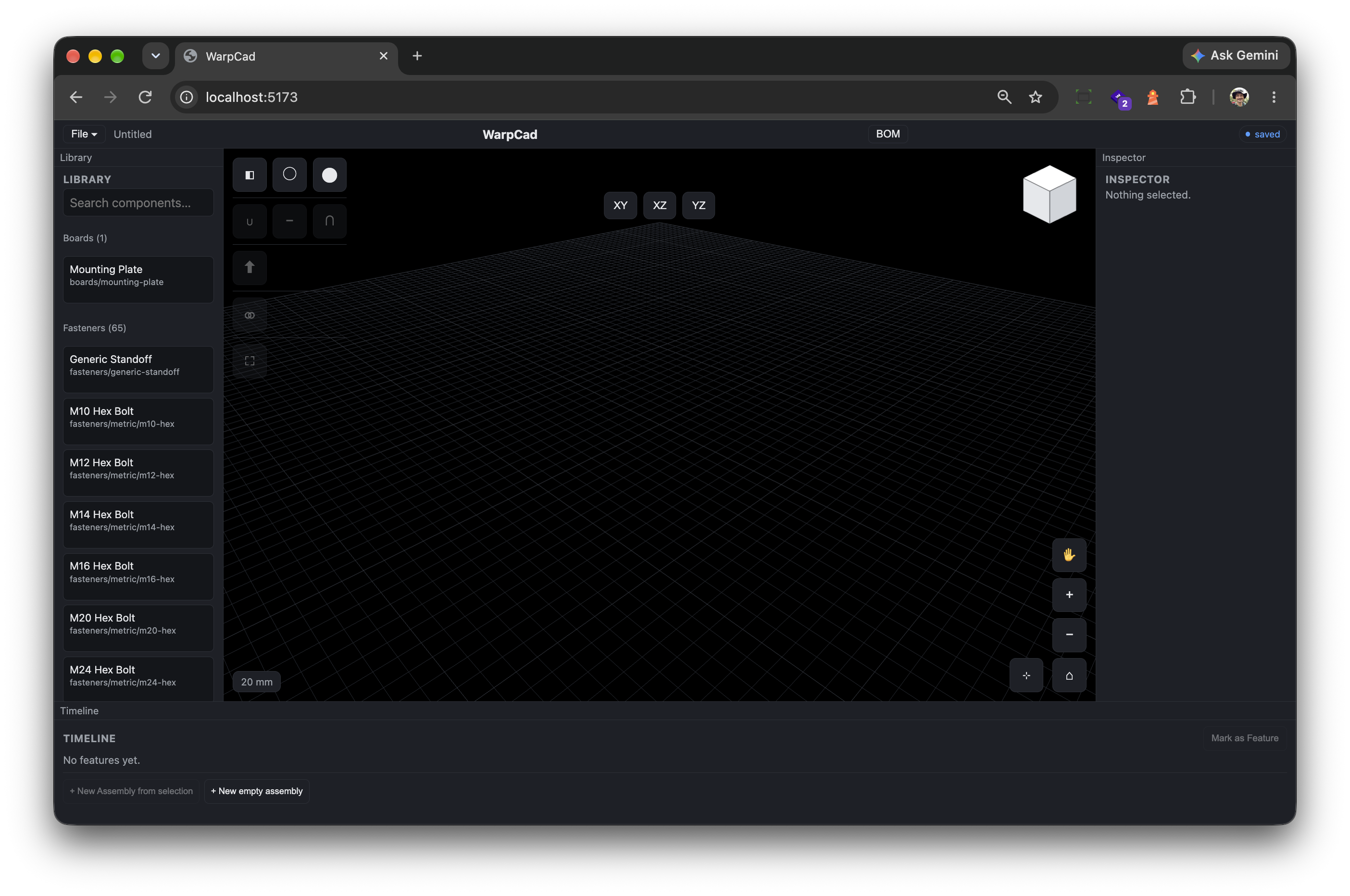 Attempt two: library on the left, viewport with tool palette, inspector on the right, timeline along the bottom