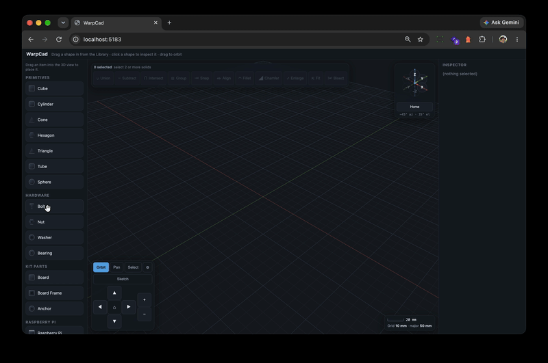 Dragging a primitive from the library into the 3D viewport, where it lands exactly where I let go