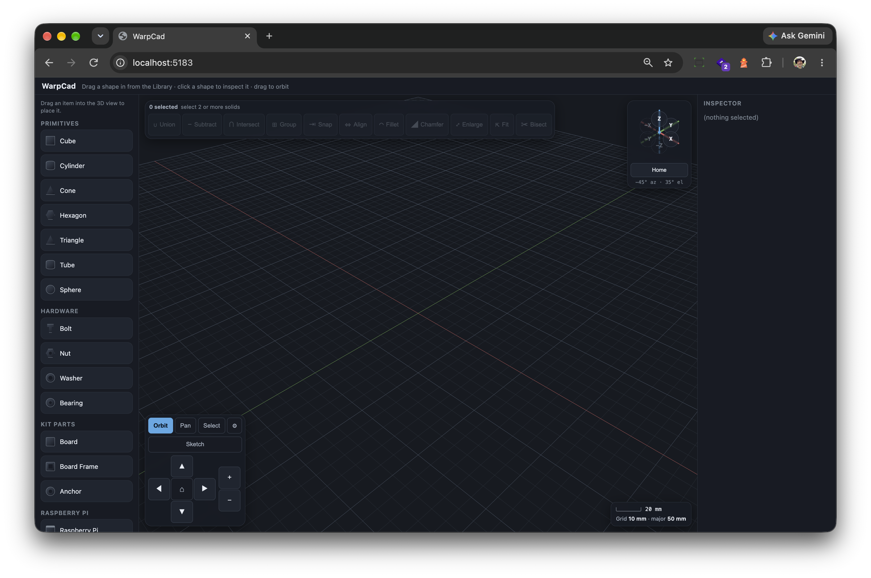 Attempt three: primitives, hardware, and kit parts in the library; a toolbar that says how many solids each operation needs
