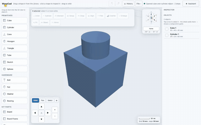 Selecting two shapes and pressing Union