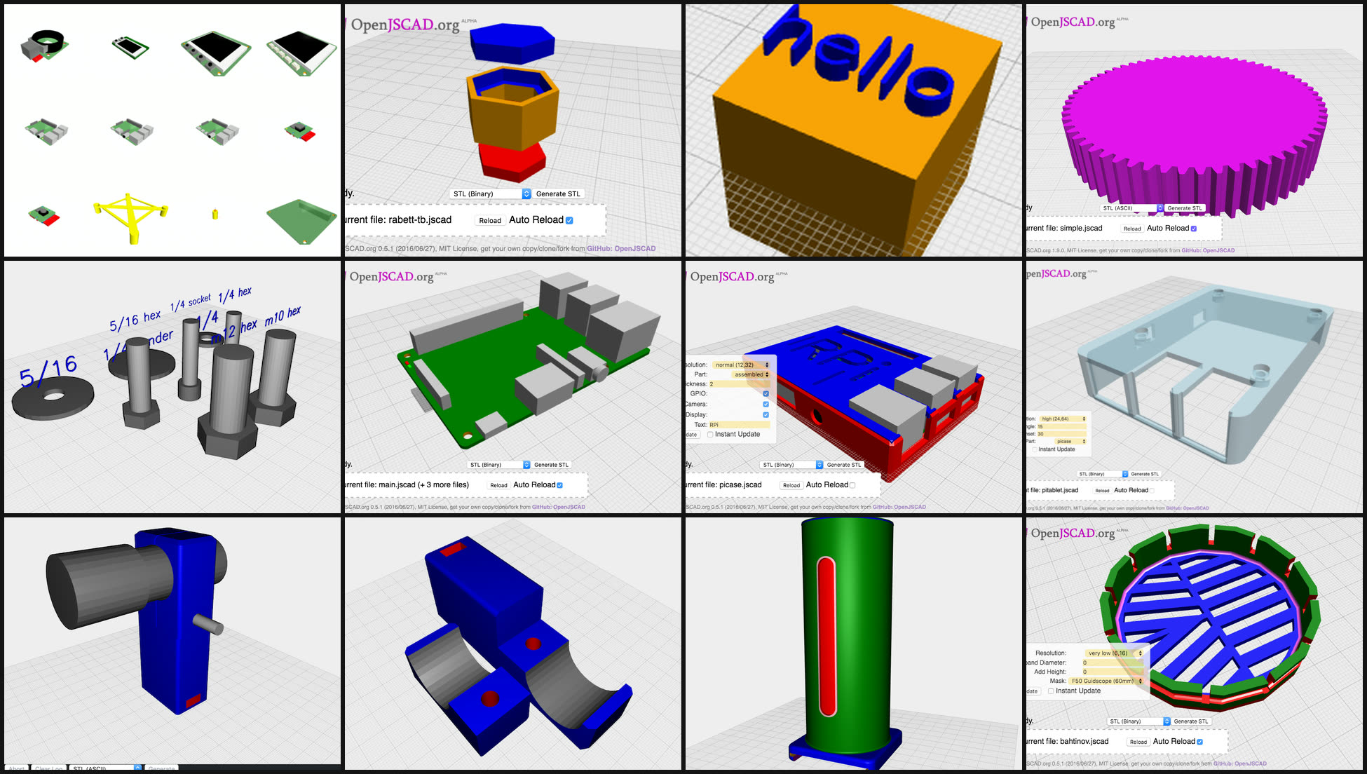 A montage of models built with JSCAD v1 over the years: a Raspberry Pi parts library, a rabbet box, a spur gear, bolts and washers, Pi cases, a light clamp, a K-cup dispenser and a Bahtinov mask.